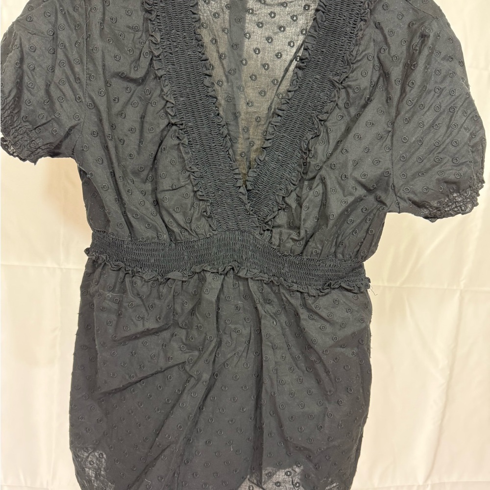 Black Textured V-Neck Blouse